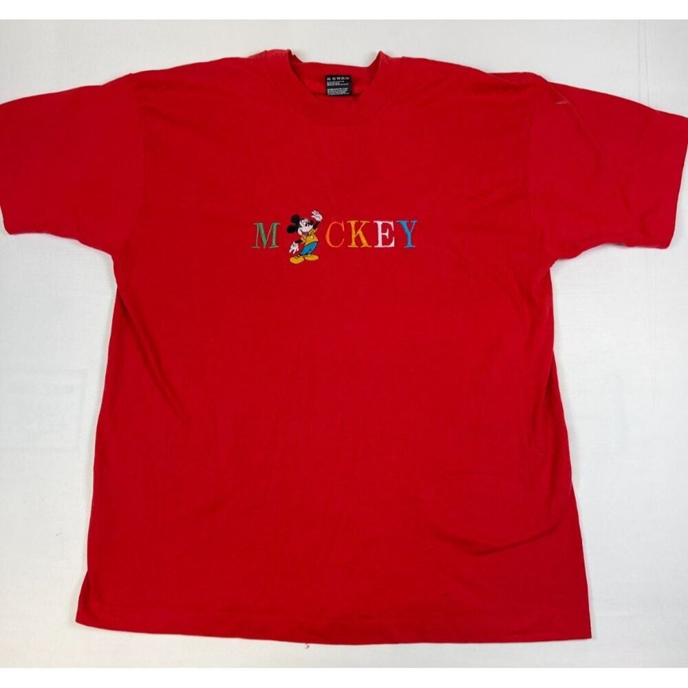 Vintage Mickey Mouse Men XL Red T-Shirt Embroidered Disney Fruit of the Loom USA